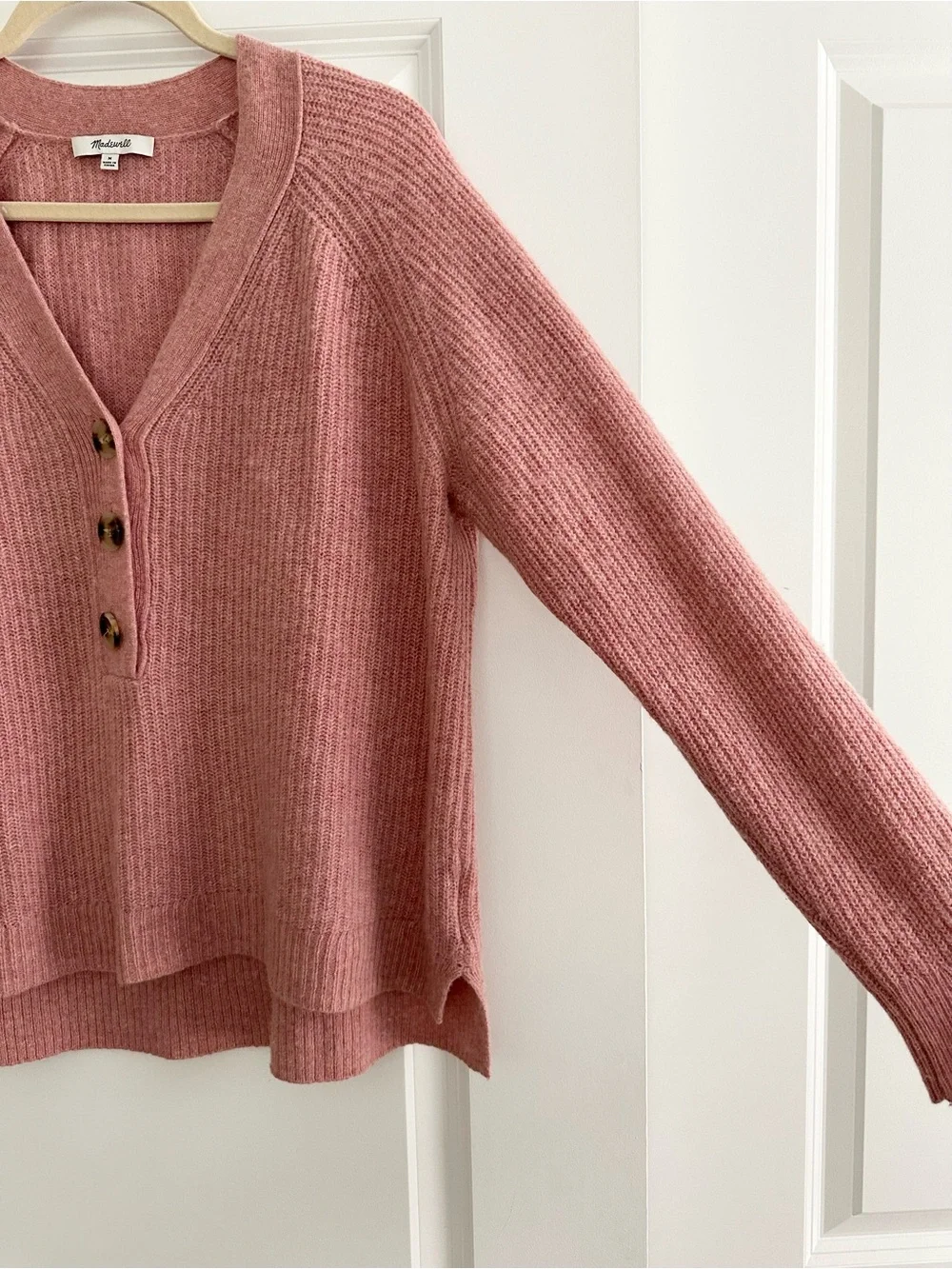 Madewell Merino Wool Pink V-Neck Button Front Lyle Rib Henley Pullover Sweater